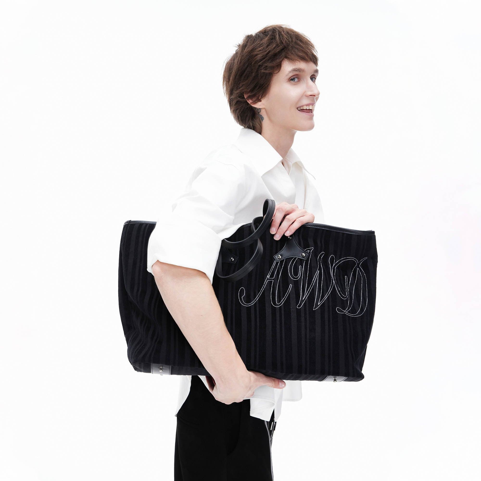 ARTIFICIAL WORLD Corduroy Leather-Panel Embroidered Tote Bag-Bag-One Size-Free Shipping Leatheretro