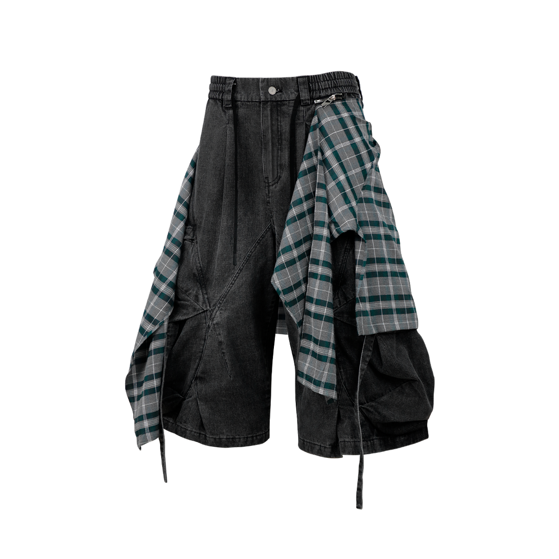 RELABEL Detachable Plaid Drape Oversized Denim Shorts-Shorts-XS-Free Shipping Leatheretro