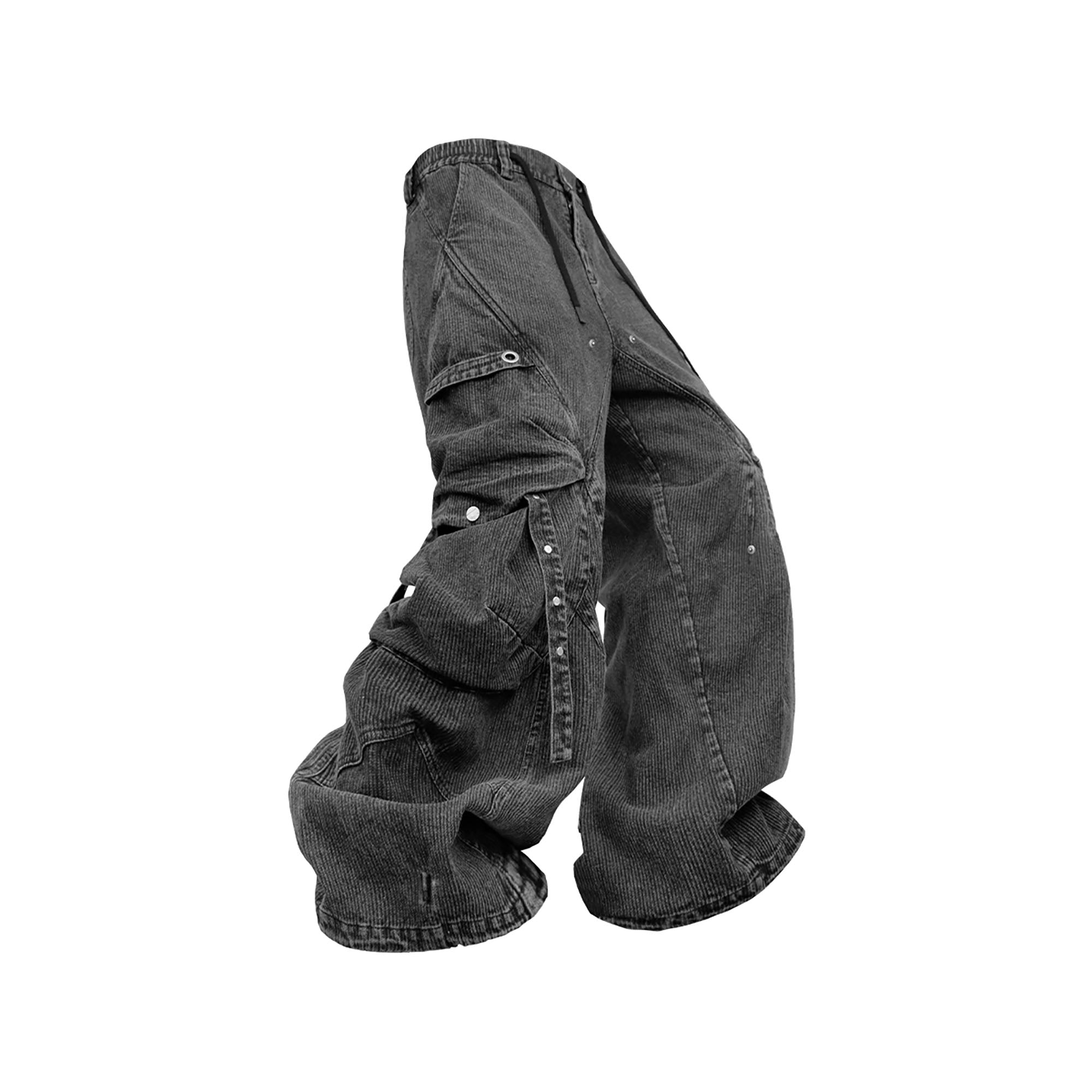 RELABEL Washed Paneled Strap Oversized Cargo Jeans Black-Jeans-XS-Free Shipping Leatheretro