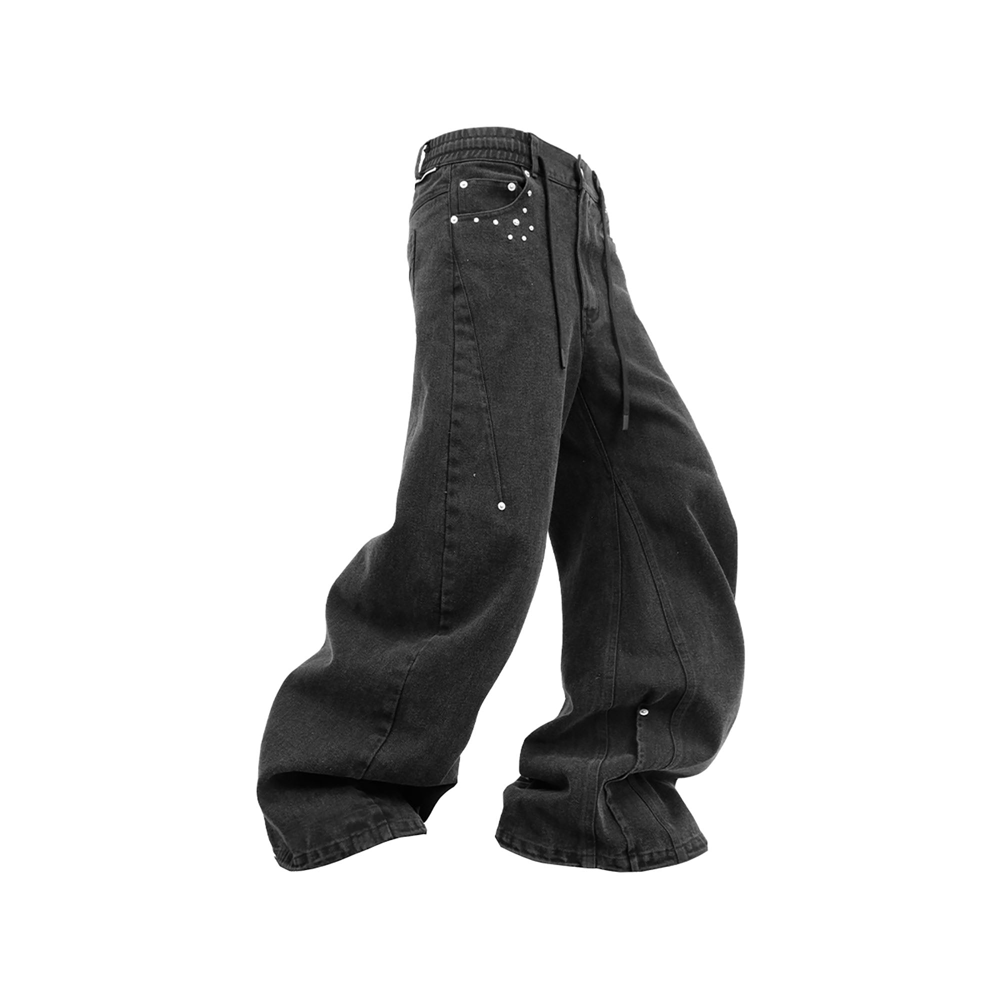RELABEL Washed Studded Panel Oversized Jeans Black-Jeans-XS-Free Shipping Leatheretro