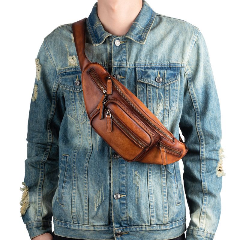 Vintage Cowhide Leather Chest & Waist Bag – Vegetable Tanned, Dual-Purpose Casual Style-Chest Bags-Retro Brown-Free Shipping Leatheretro