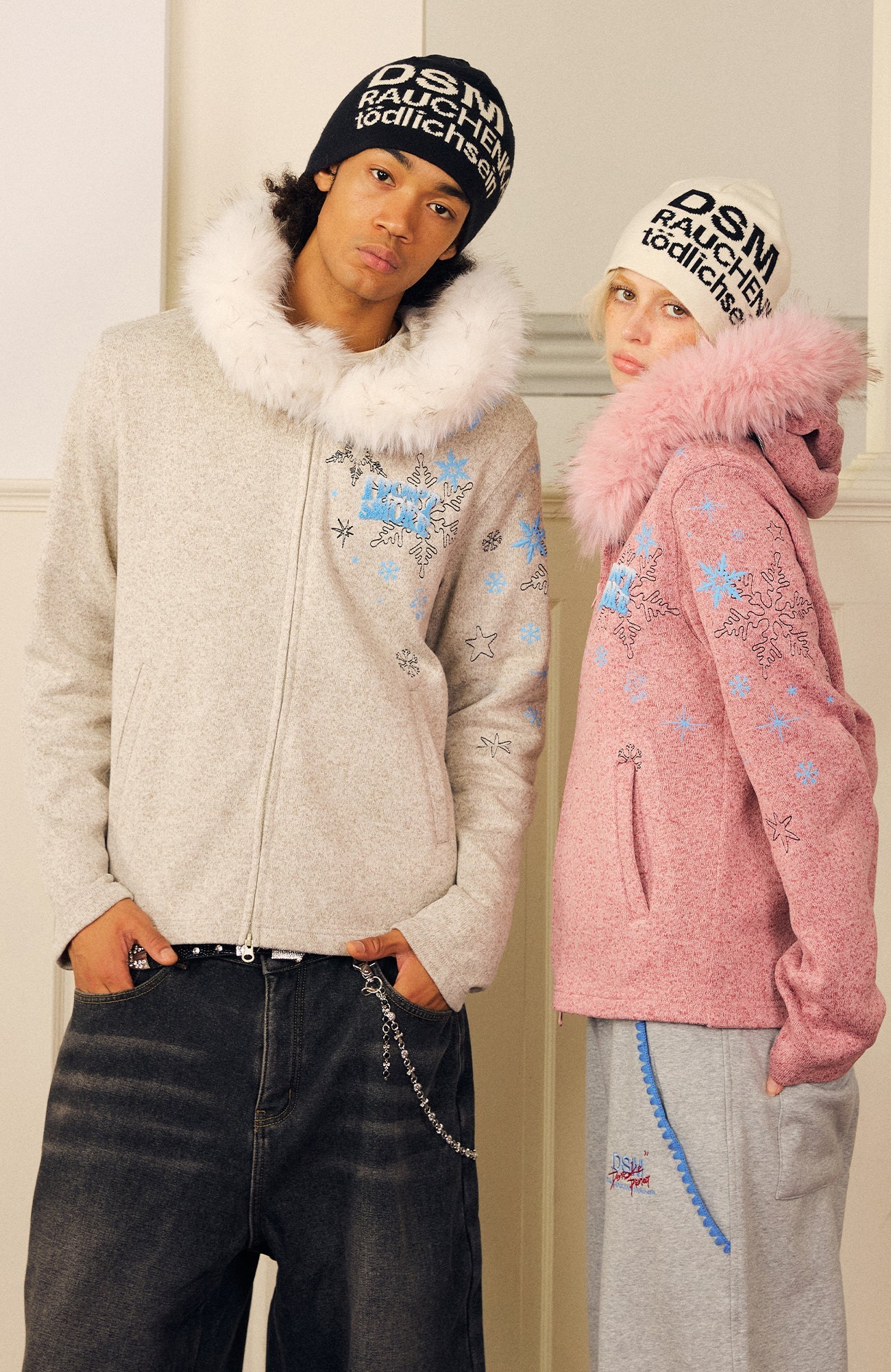 DONSMOKE Snowflake Embroidered Fleece-Lined Zip-Up Hoodie-Jacket-S (Preorder)-Gray-Free Shipping Leatheretro