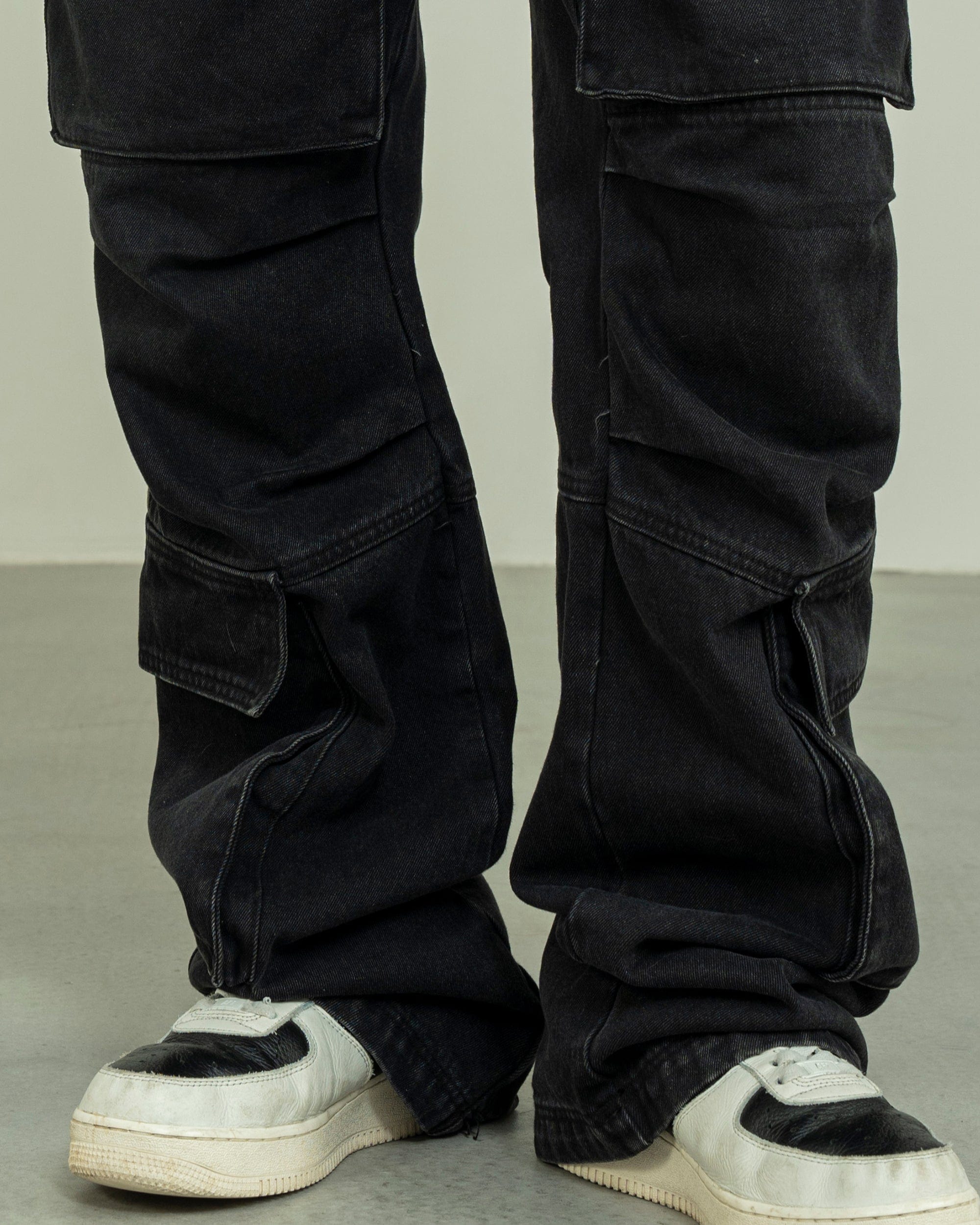 MAKEMORE Washed Denim Cargo-Jeans-M-Black-Free Shipping Leatheretro