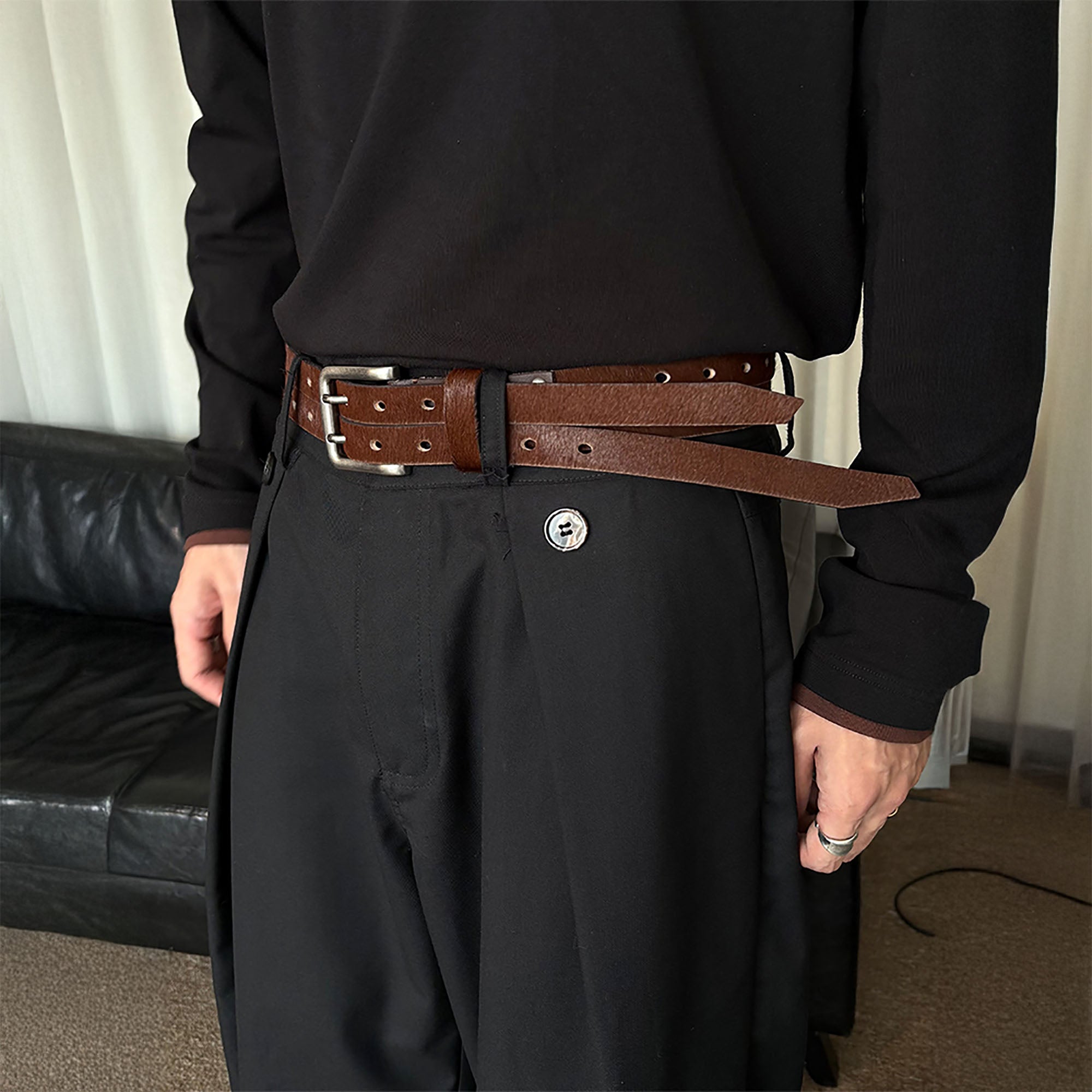 KREATE Perforated Double-Prong Faux Leather Belt-Accessories-Brown-Free Shipping Leatheretro