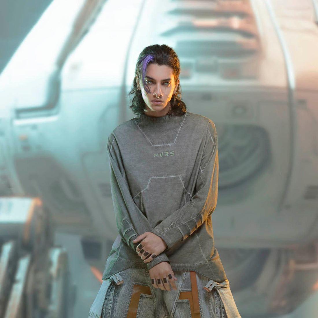 XIPHEVIL Futuristic-Distressed Paneled L/S Tee-L/S Tee-XS-Brown-Free Shipping Leatheretro