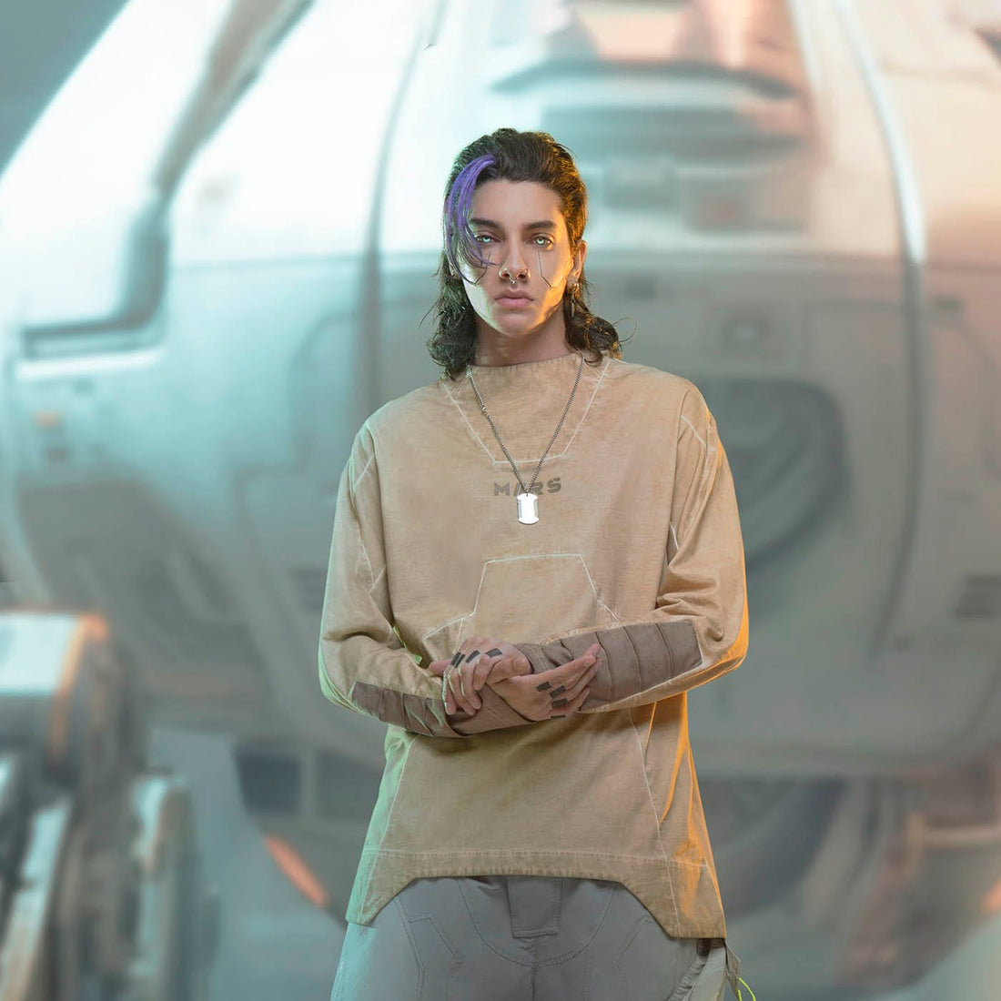 XIPHEVIL Futuristic-Distressed Paneled L/S Tee-L/S Tee-XS-Brown-Free Shipping Leatheretro