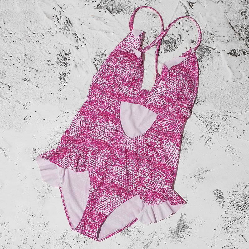 Pink Snake Print Sexy Cross Monokini-Women Swimwear-The same as picture-S-Free Shipping Leatheretro
