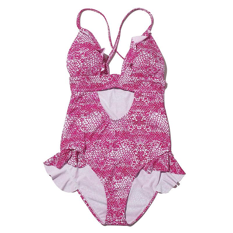 Pink Snake Print Sexy Cross Monokini-Women Swimwear-The same as picture-S-Free Shipping Leatheretro