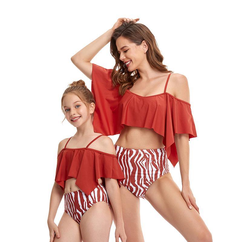 Summer Lotus Leaf Mom/daughter Swimsuit-Women Swimwear-Red-Adult S-Free Shipping Leatheretro