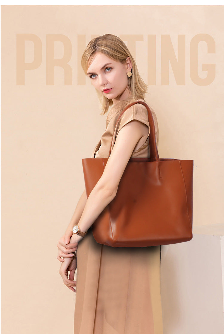 Large Capacity Tote Bag – Genuine Leather Commuter, Mom Shopping Bag-Handbags-Caramel (100% Premium Cowhide)-Free Shipping Leatheretro