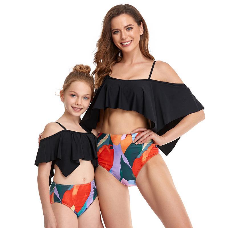 Summer Lotus Leaf Mom/daughter Swimsuit-Women Swimwear-Black-Adult S-Free Shipping Leatheretro