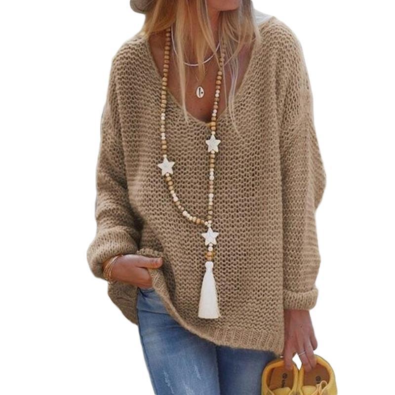 Casual V Neck Knitted Women Sweaters-Sweater&Hoodies-Brown-S-Free Shipping Leatheretro