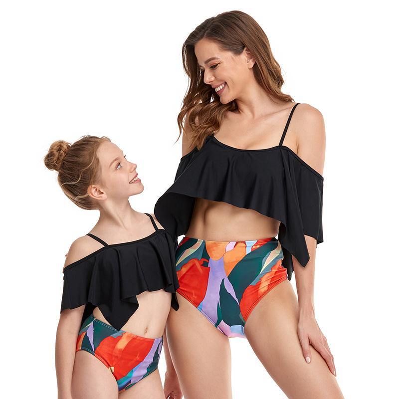 Summer Lotus Leaf Mom/daughter Swimsuit-Women Swimwear-Black-Adult S-Free Shipping Leatheretro