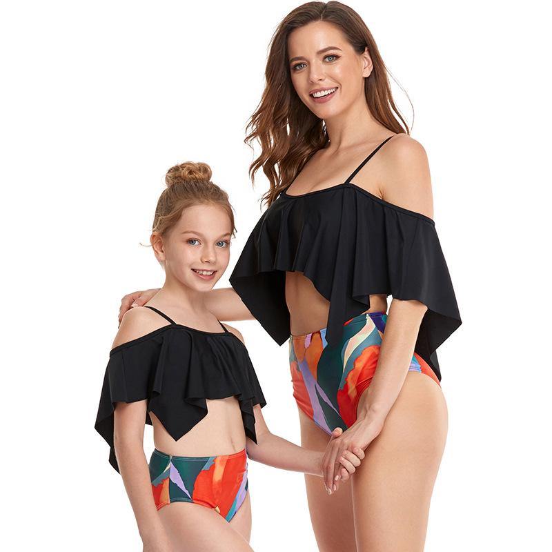 Summer Lotus Leaf Mom/daughter Swimsuit-Women Swimwear-Black-Adult S-Free Shipping Leatheretro