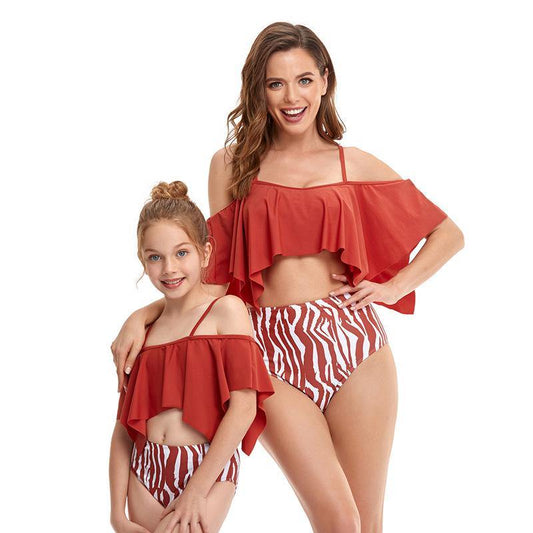 Summer Lotus Leaf Mom/daughter Swimsuit-Women Swimwear-Black-Adult S-Free Shipping Leatheretro