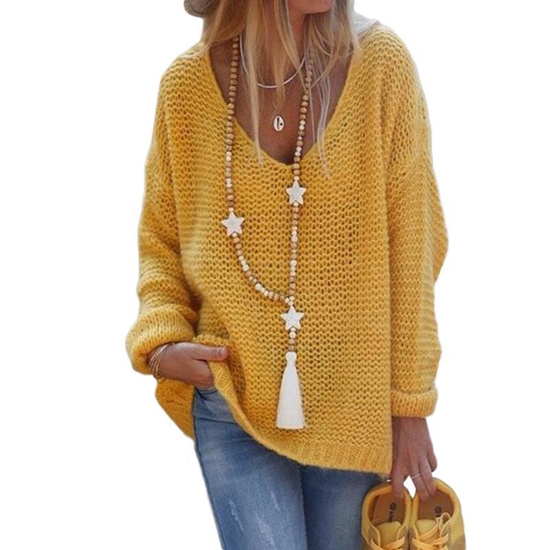 Casual V Neck Knitted Women Sweaters-Sweater&Hoodies-Yellow-S-Free Shipping Leatheretro