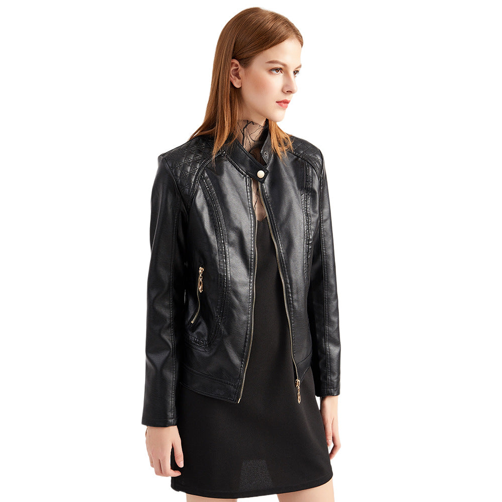 Women's Stand Collar Faux Leather Jacket-black-S-Free Shipping Leatheretro