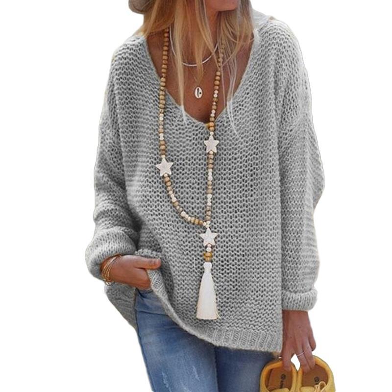 Casual V Neck Knitted Women Sweaters-Sweater&Hoodies-Gray-S-Free Shipping Leatheretro