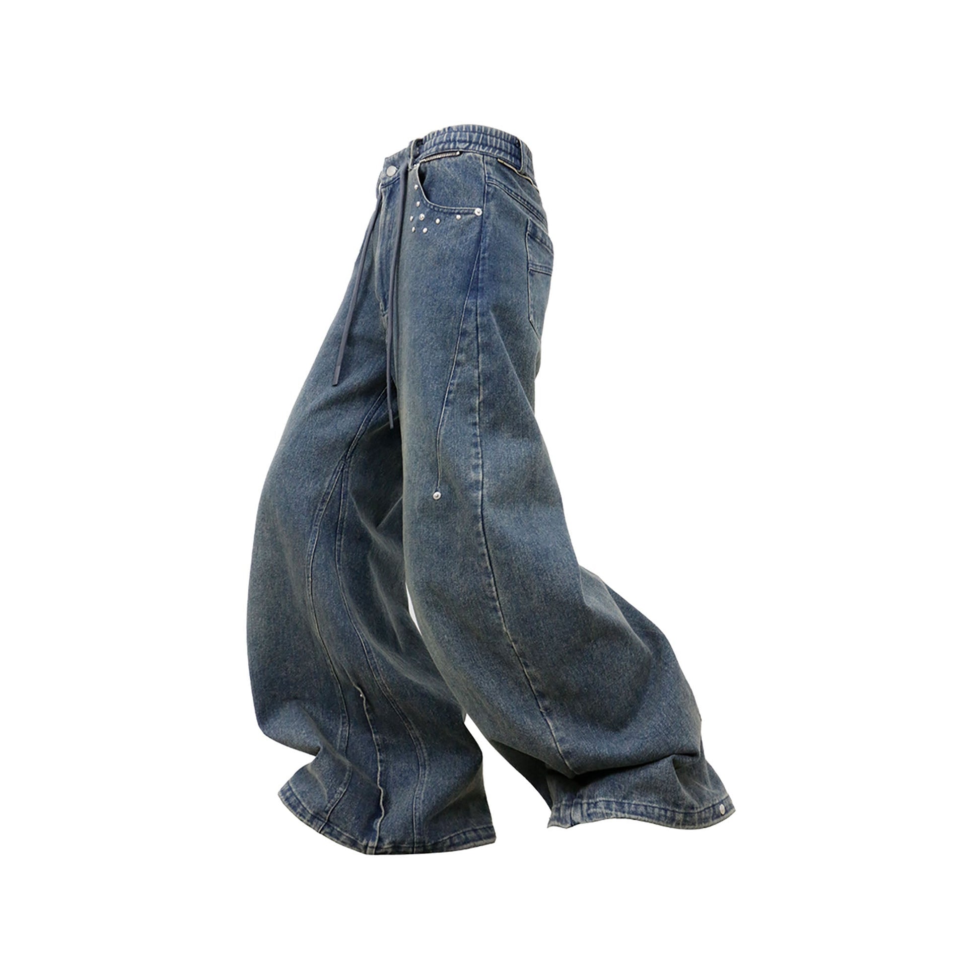 RELABEL Washed Studded Panel Oversized Jeans Blue-Jeans-XS-Free Shipping Leatheretro