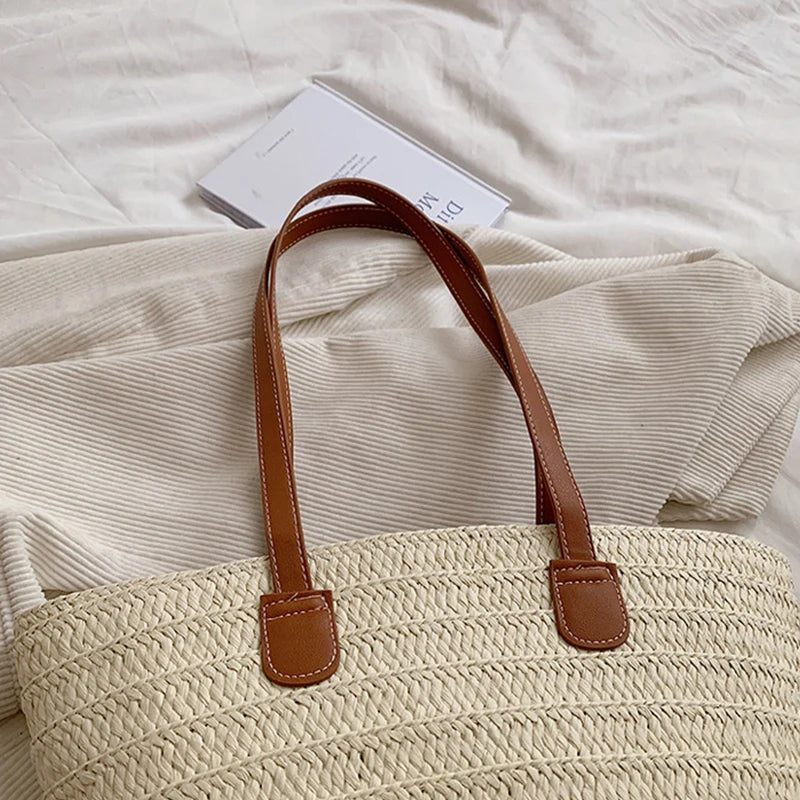 Luxury Designer Straw Tote Bag for Women-Tote Bag-Beige-Free Shipping Leatheretro