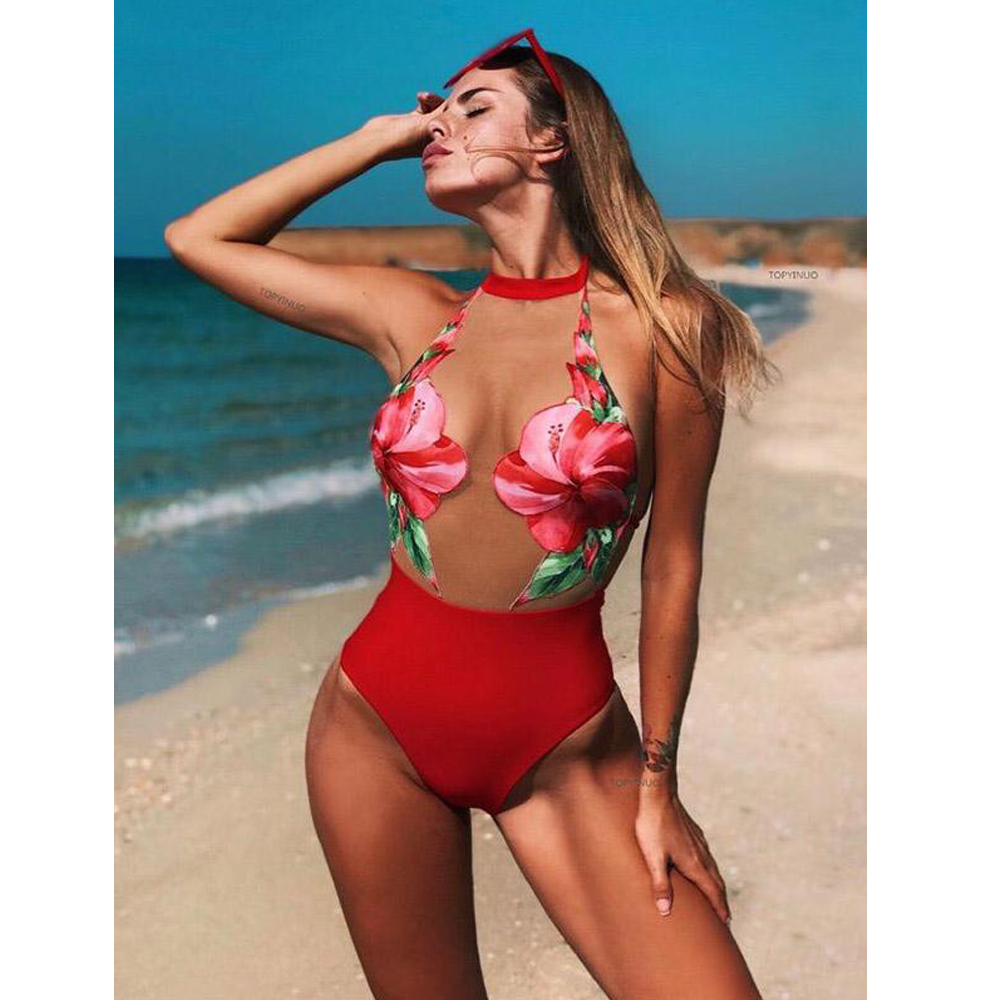 See-Through Tulle One-Piece Swimsuit-Women Swimwear-RED-S-Free Shipping Leatheretro