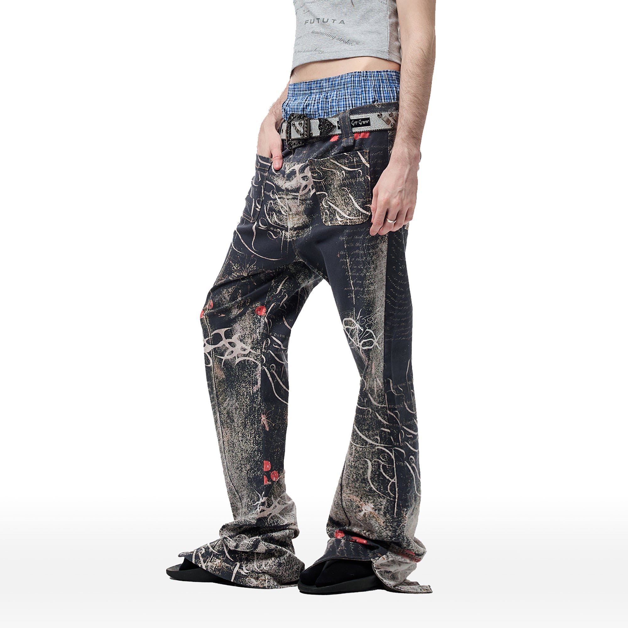 CYCYCY Full-Print Script Flared Jeans-Jeans-XXS / 27"-Free Shipping Leatheretro