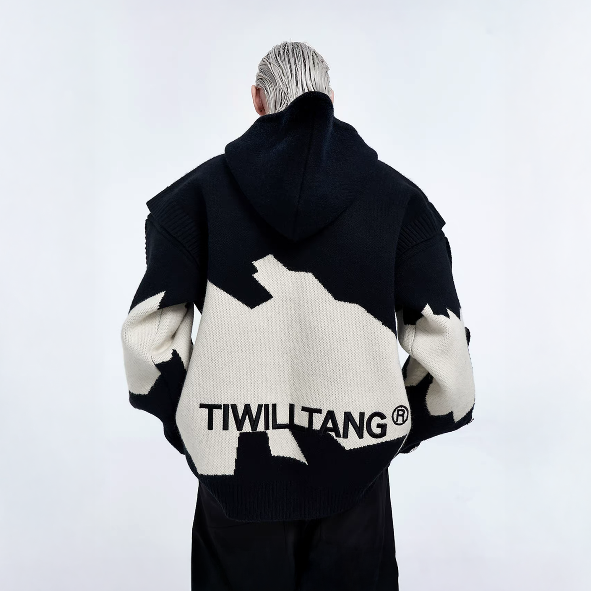TIWILLTANG Contrast Layered Snap-Sleeves Knit Hoodie