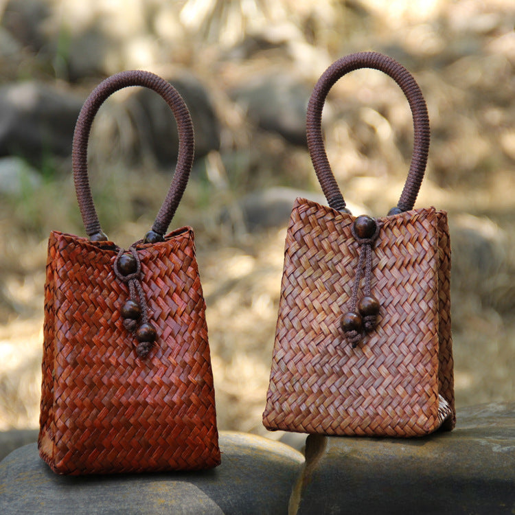 Handwoven Straw Tote Bag Mini Beach Bag for Vacation, Summer, and Resort Wear-Handbags-C011 coffee red-Free Shipping Leatheretro