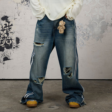 DONSMOKE Ripped Side Stripe Wide-Leg Jeans-Jeans-S-Free Shipping Leatheretro