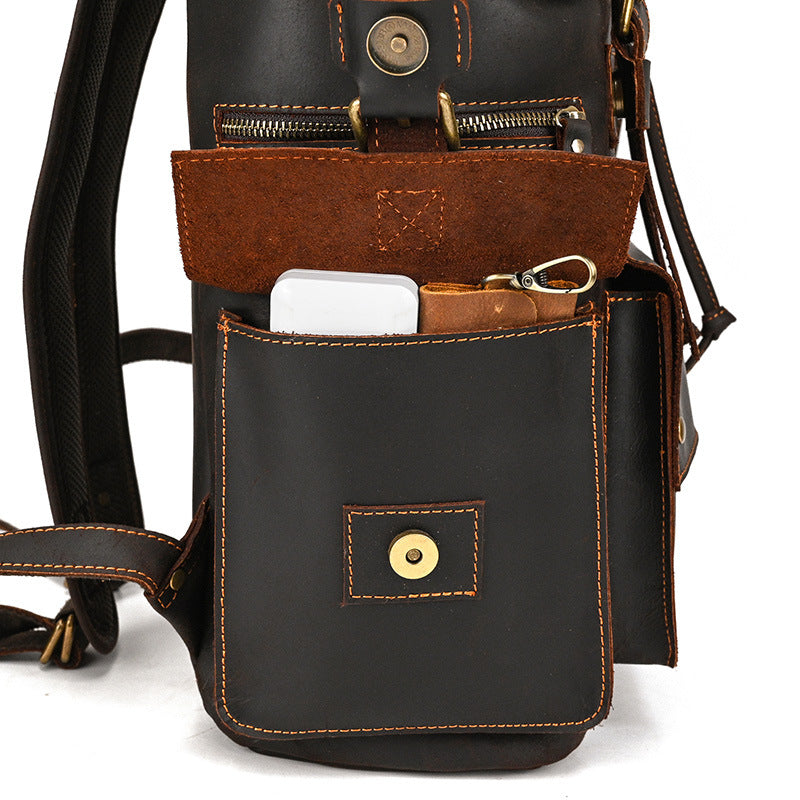Retro Crazy Horse Leather Backpack – Large Capacity 16-Inch Cowhide Laptop & Travel Bag with Multi-Flap Pockets-Backpacks-Dark Brown-Free Shipping Leatheretro