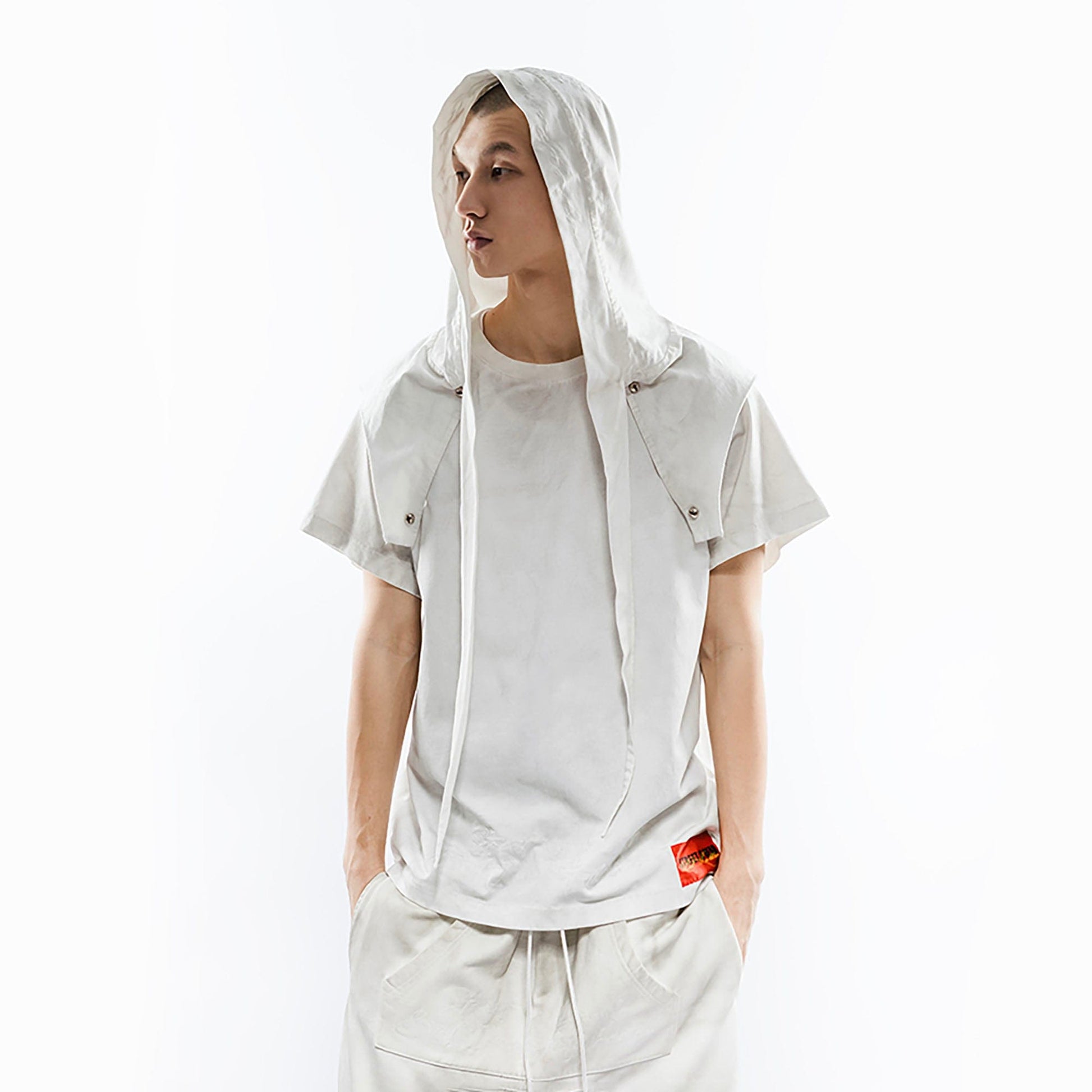 FVVO Distressed Snap-Shoulder Hooded T-Shirt-T Shirt-S-White-Free Shipping Leatheretro