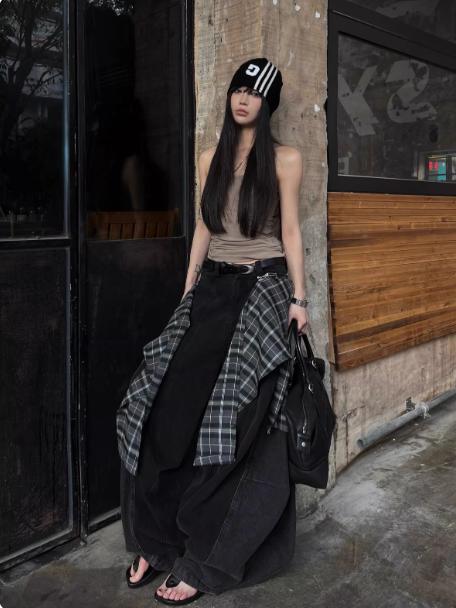 RELABEL Detachable Plaid Back Flap Spliced Jeans-Jeans-Dark Gray-XS-Free Shipping Leatheretro