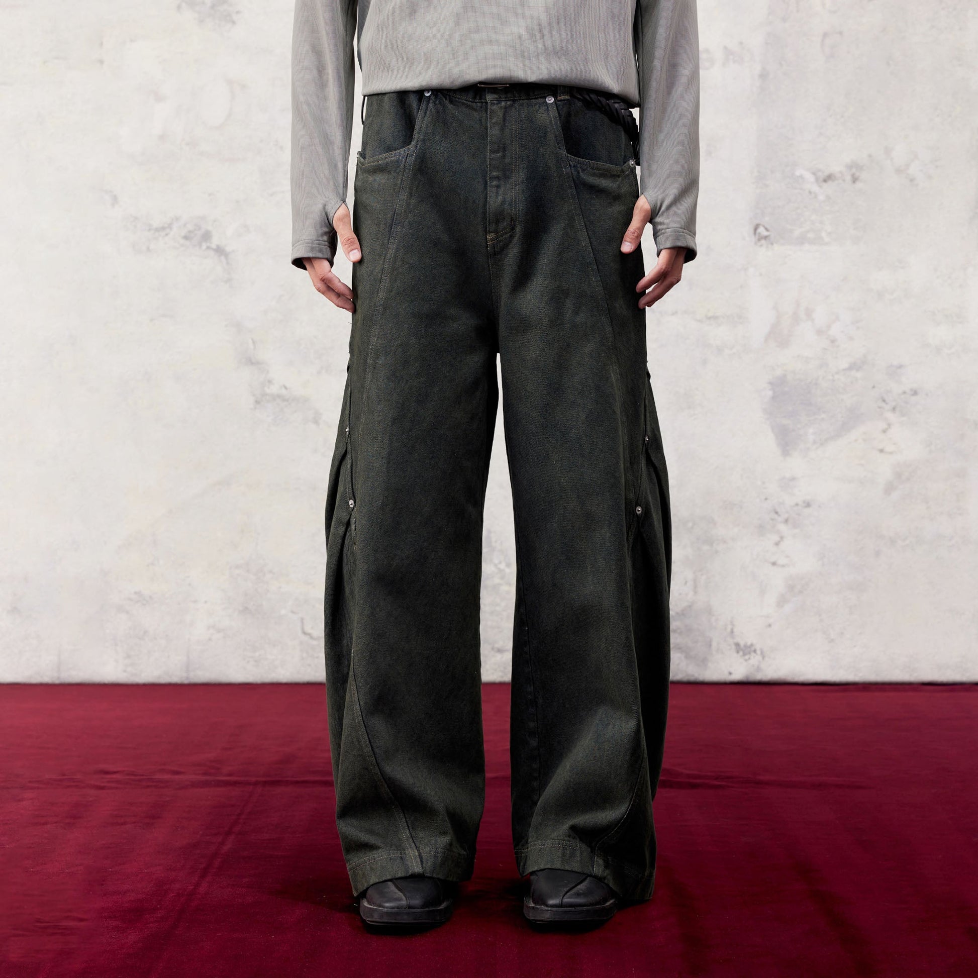 ALVNG AR ANTS Slanted Rivet-Paneled Jeans-Jeans-S-Green (Preorder)-Free Shipping Leatheretro