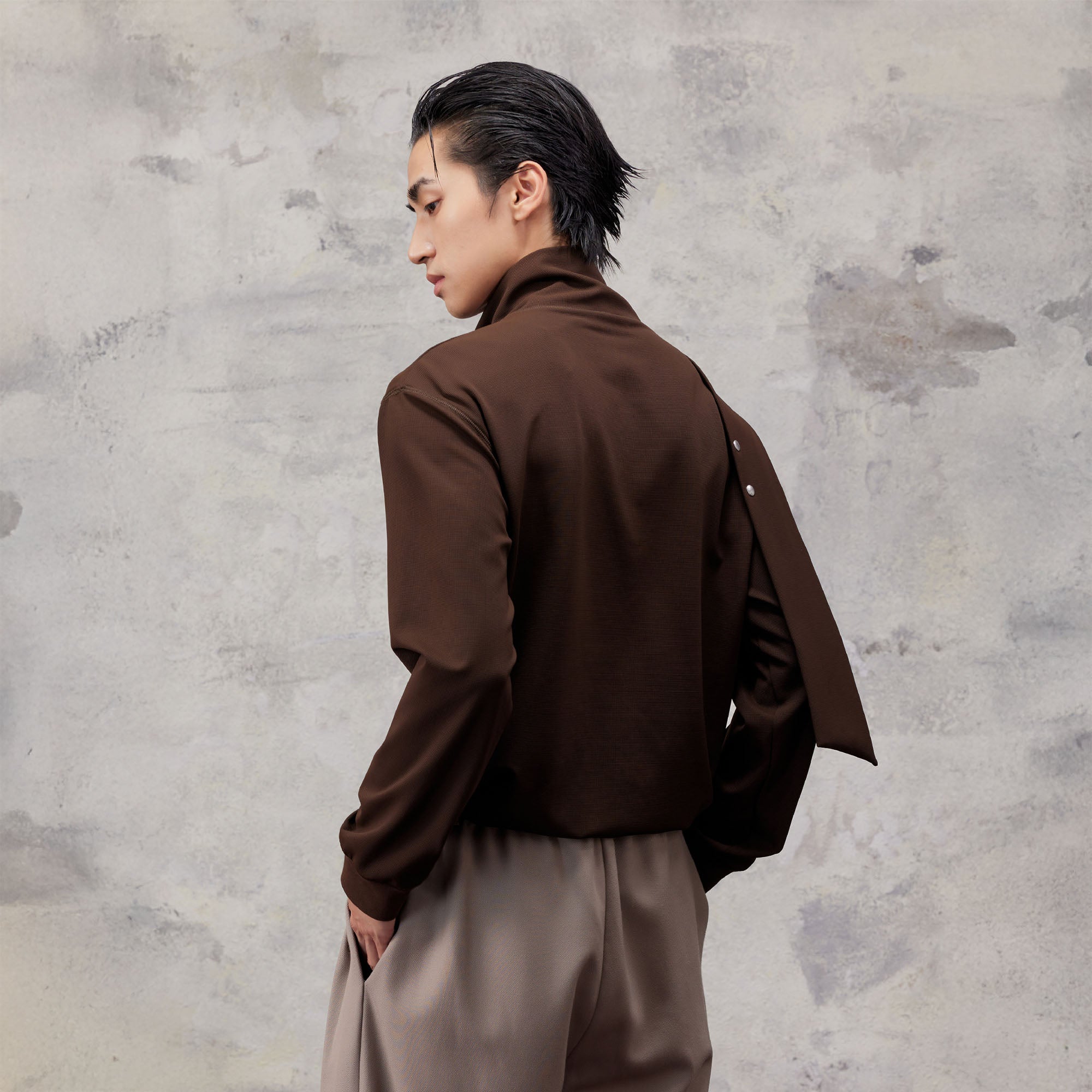 ALVNG AR ANTS Asymmetric Scarf-Neck High-Collar Pullover-Sweatshirt-S-Brown (Preorder)-Free Shipping Leatheretro