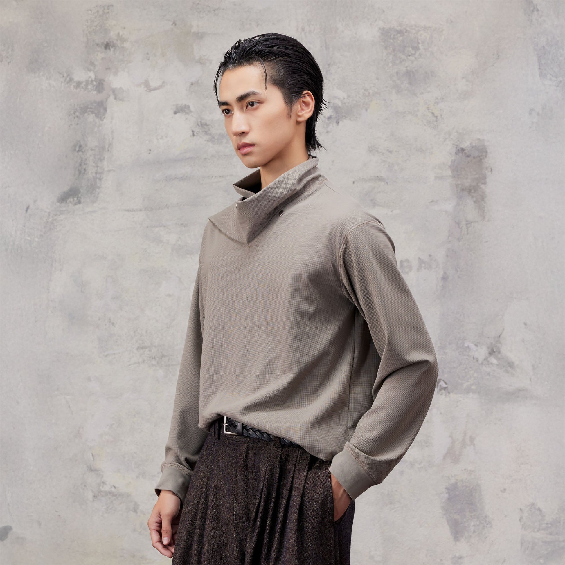 ALVNG AR ANTS Asymmetric Scarf-Neck High-Collar Pullover-Sweatshirt-S-Gray-Free Shipping Leatheretro