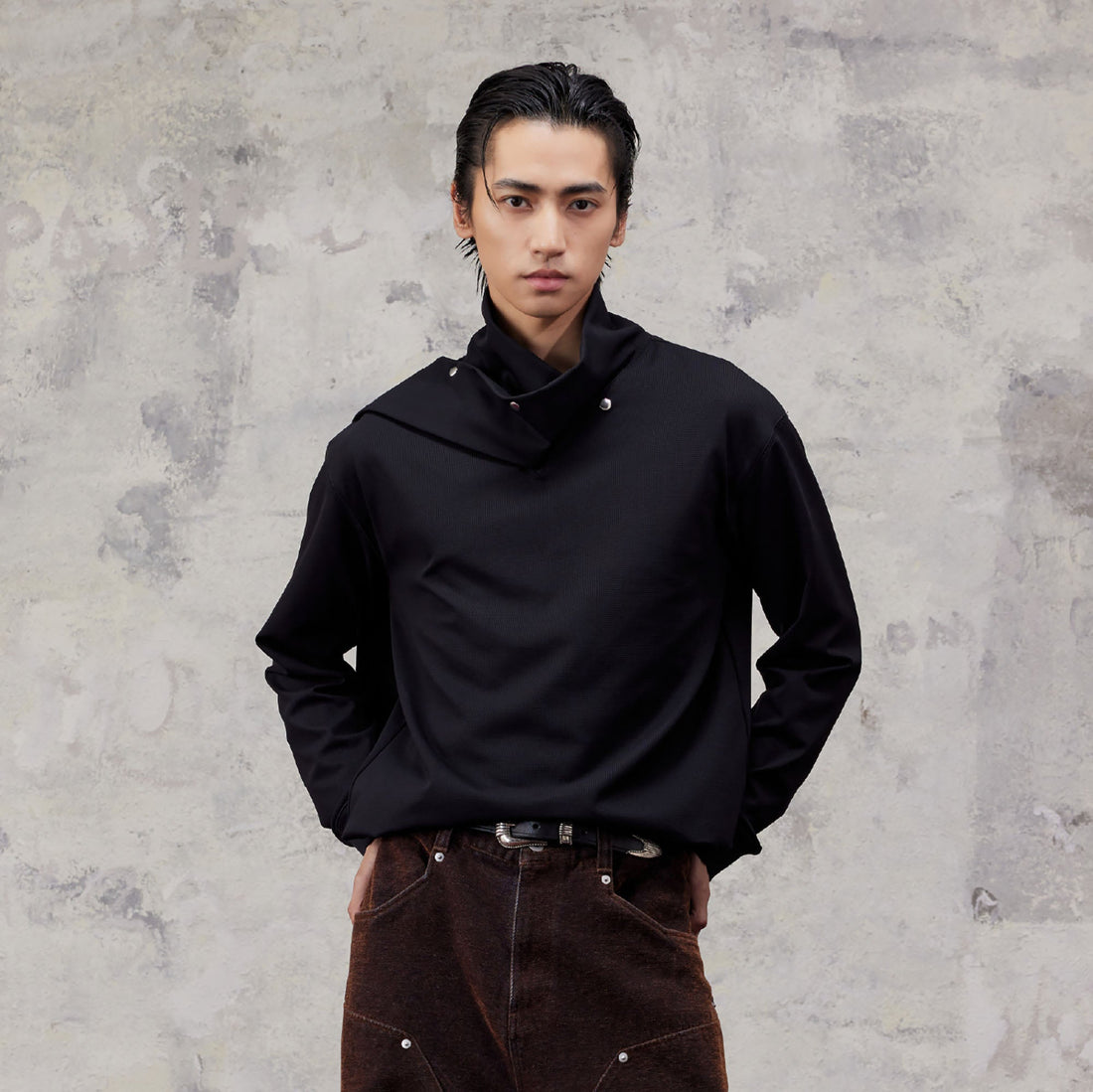 ALVNG AR ANTS Asymmetric Scarf-Neck High-Collar Pullover-Sweatshirt-S-Black-Free Shipping Leatheretro