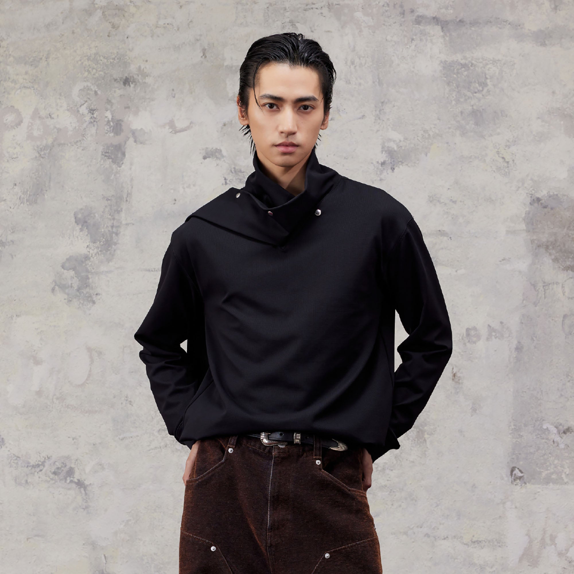 ALVNG AR ANTS Asymmetric Scarf-Neck High-Collar Pullover-Sweatshirt-S-Black-Free Shipping Leatheretro