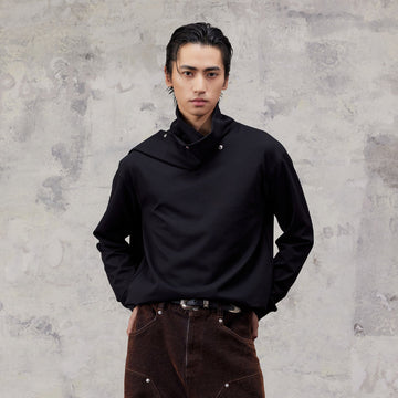 ALVNG AR ANTS Asymmetric Scarf-Neck High-Collar Pullover-Sweatshirt-S-Black-Free Shipping Leatheretro