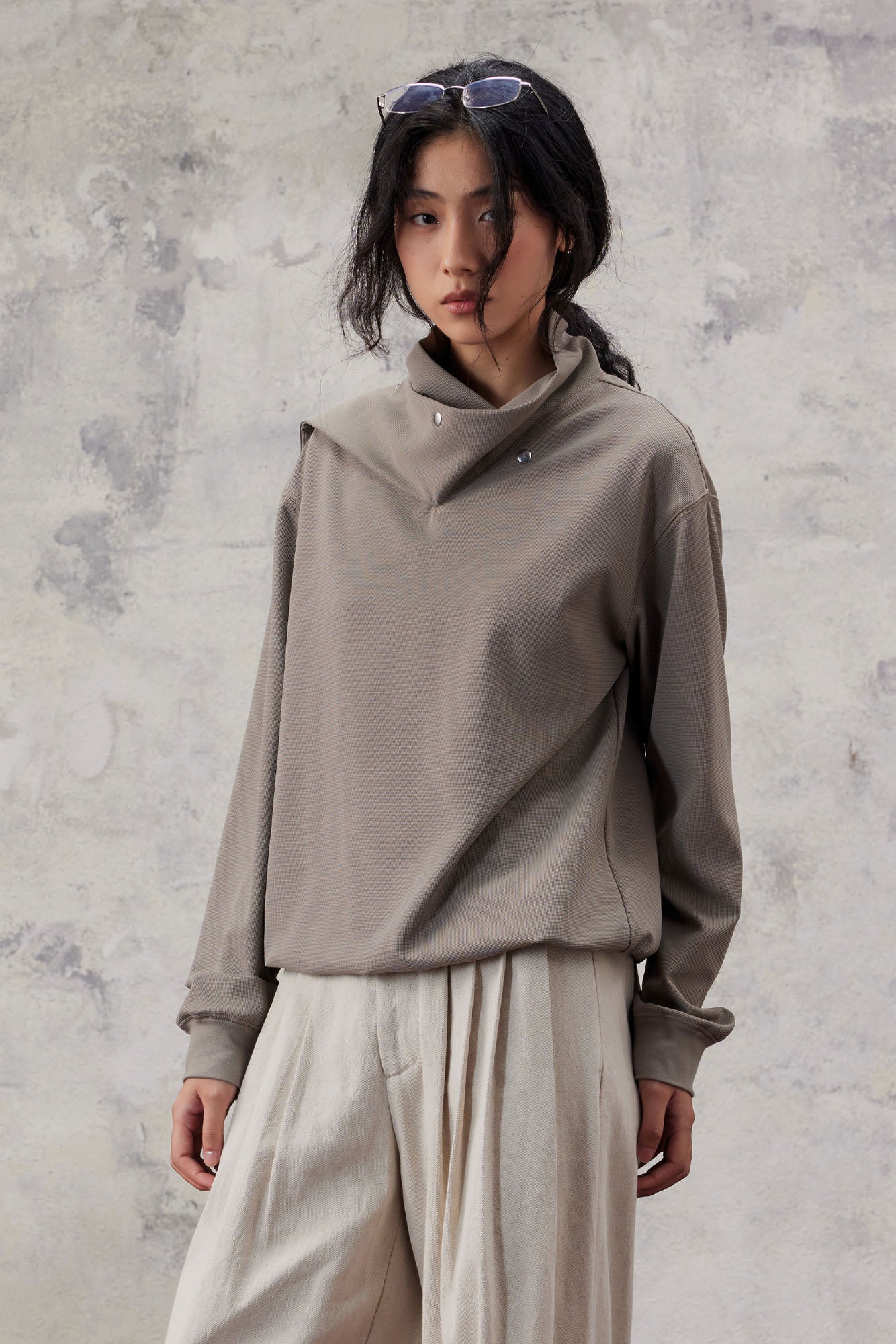 ALVNG AR ANTS Asymmetric Scarf-Neck High-Collar Pullover-Sweatshirt-S-Black-Free Shipping Leatheretro