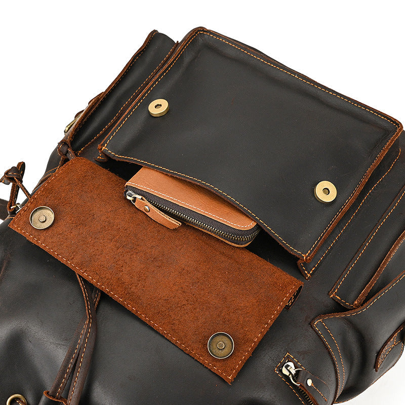 Retro Crazy Horse Leather Backpack – Large Capacity 16-Inch Cowhide Laptop & Travel Bag with Multi-Flap Pockets-Backpacks-Dark Brown-Free Shipping Leatheretro