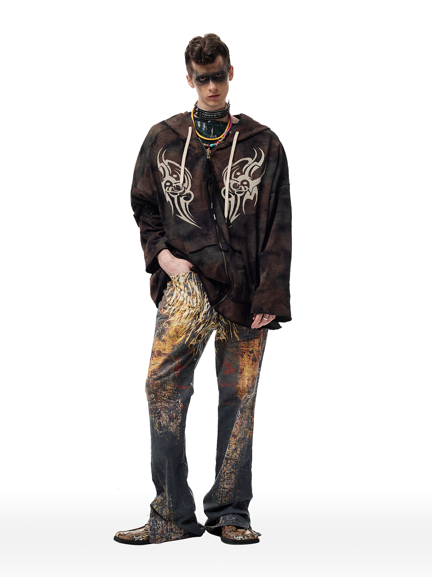 CYCYCY Feather Full-Print Slim Flared Jeans-Jeans-XXS / 27"-Free Shipping Leatheretro