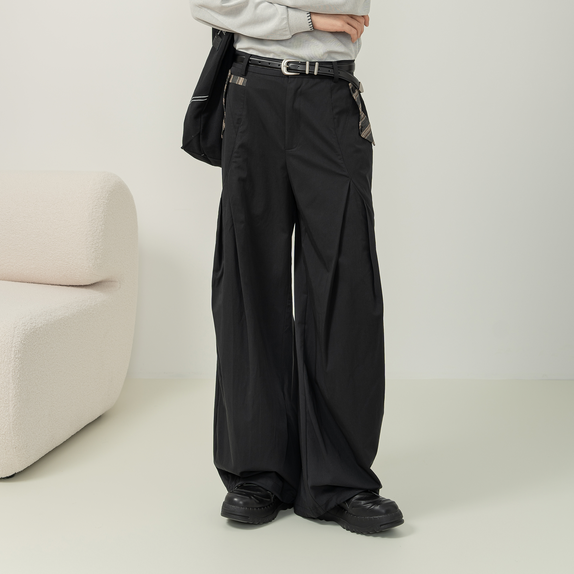 MOITIEDEPETALE Pleated Panel Oversized Cargo Pants-Pants-XXS-Black-Free Shipping Leatheretro