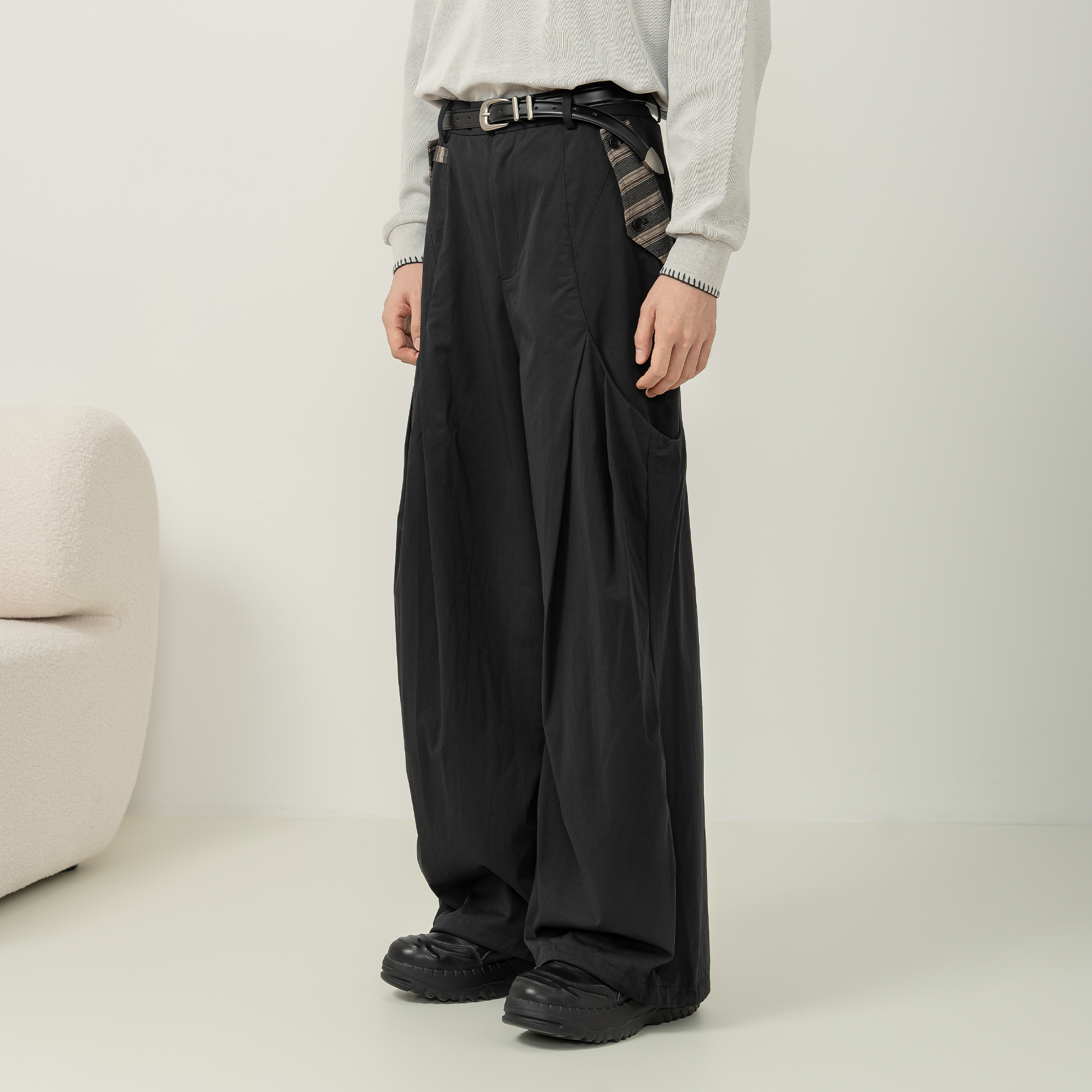 MOITIEDEPETALE Pleated Panel Oversized Cargo Pants-Pants-XXS-Khaki-Free Shipping Leatheretro
