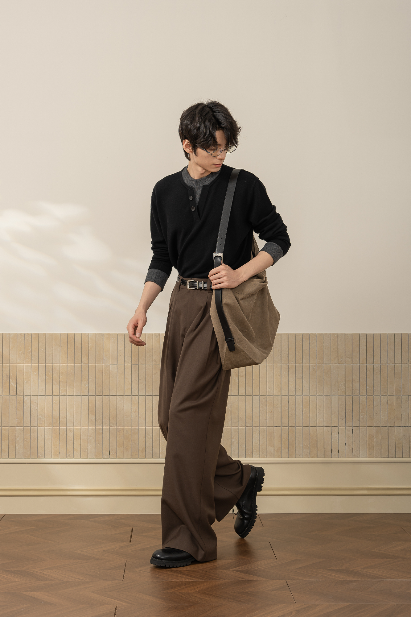 MOITIEDEPETALE Wool-Blended Pleats Trousers-Pants-XS-Coffee-Free Shipping Leatheretro