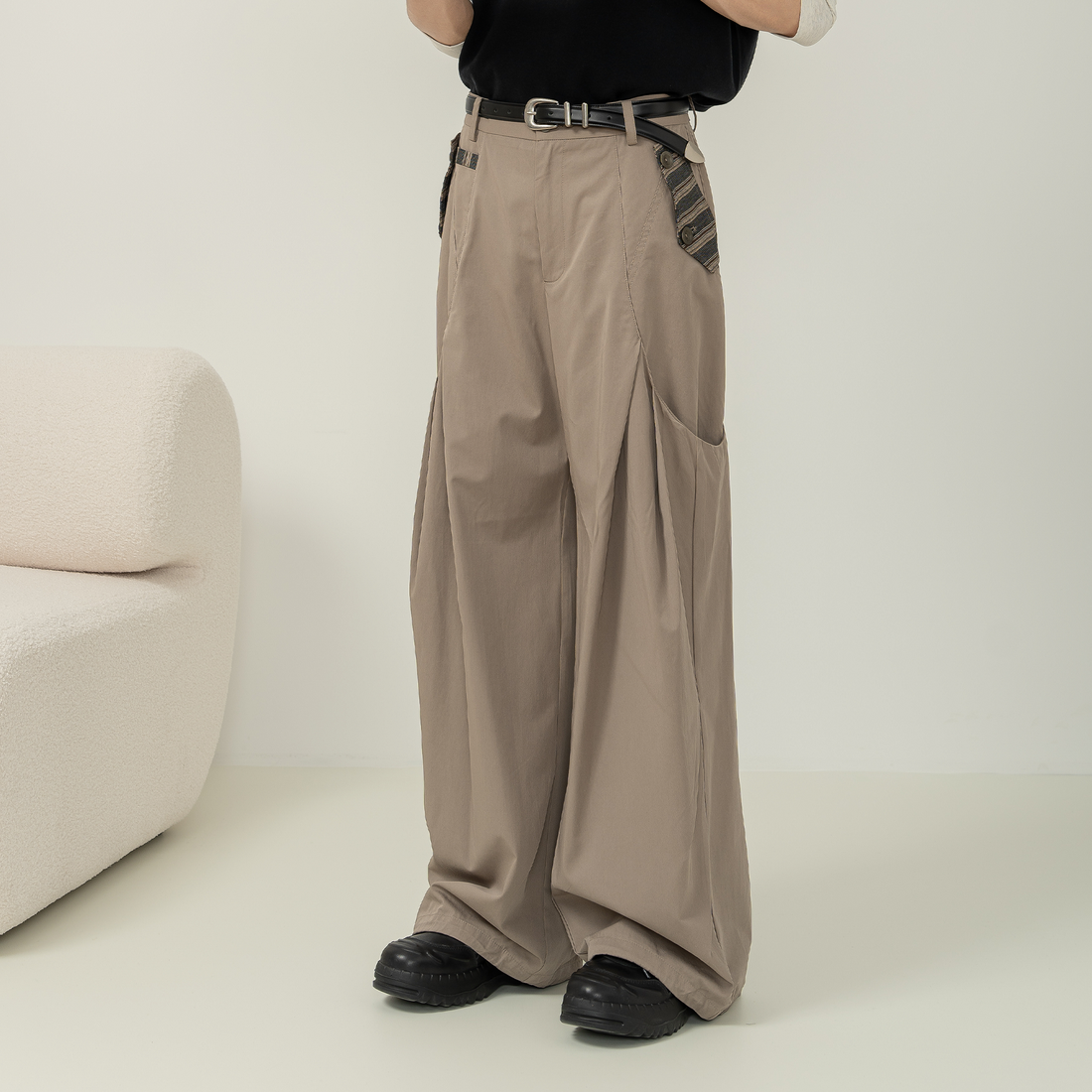 MOITIEDEPETALE Pleated Panel Oversized Cargo Pants-Pants-XXS-Khaki-Free Shipping Leatheretro
