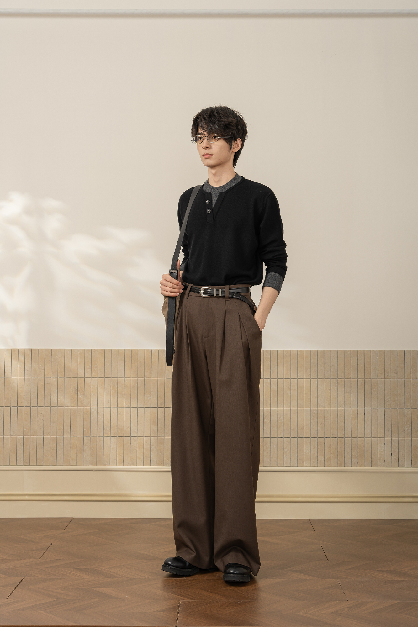 MOITIEDEPETALE Wool-Blended Pleats Trousers-Pants-XS-Coffee-Free Shipping Leatheretro
