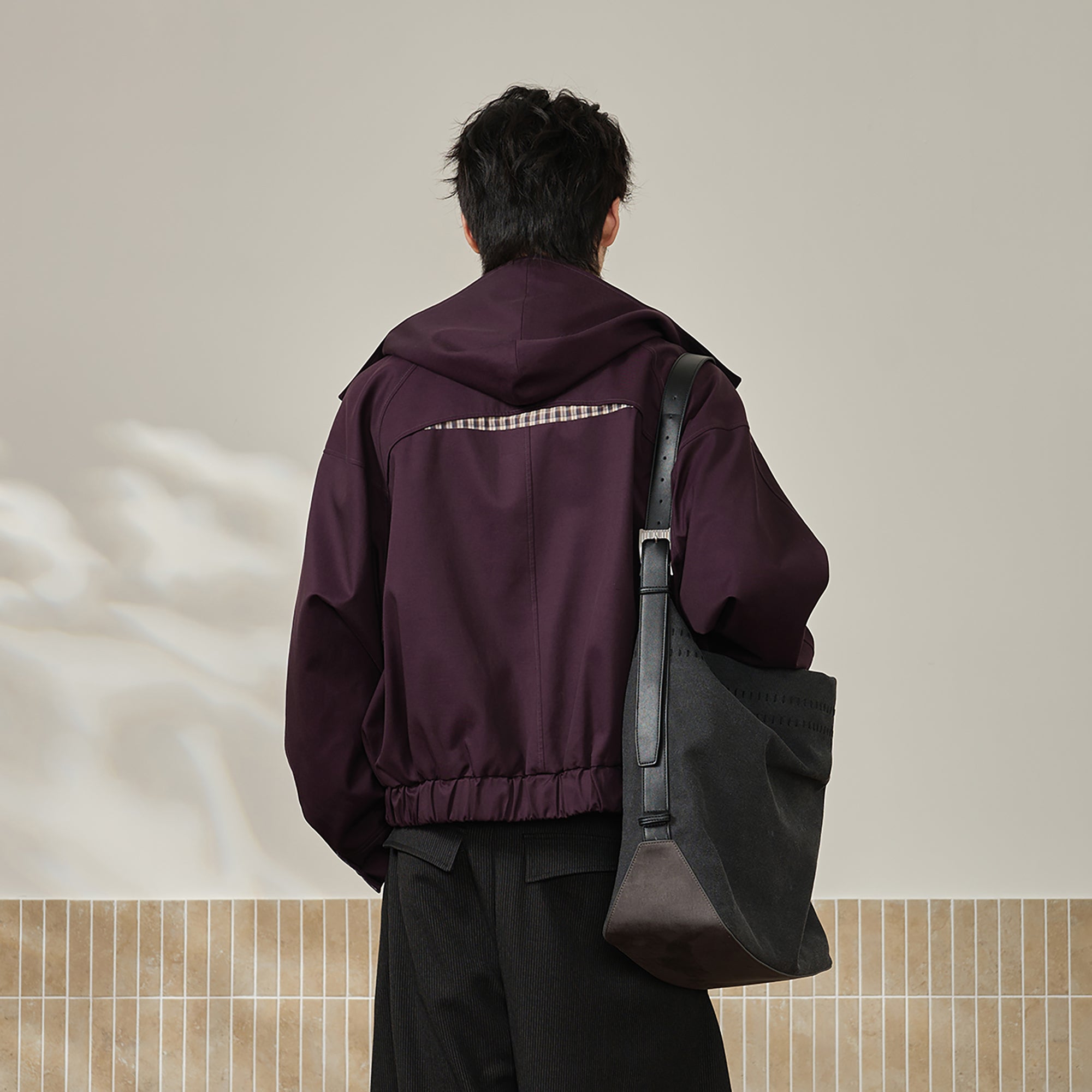 MOITIEDEPETALE Convertible Collar & Hood Plaid Pocket Jacket