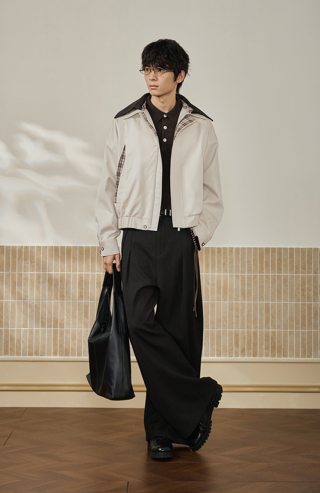 MOITIEDEPETALE Convertible Collar & Hood Plaid Pocket Jacket