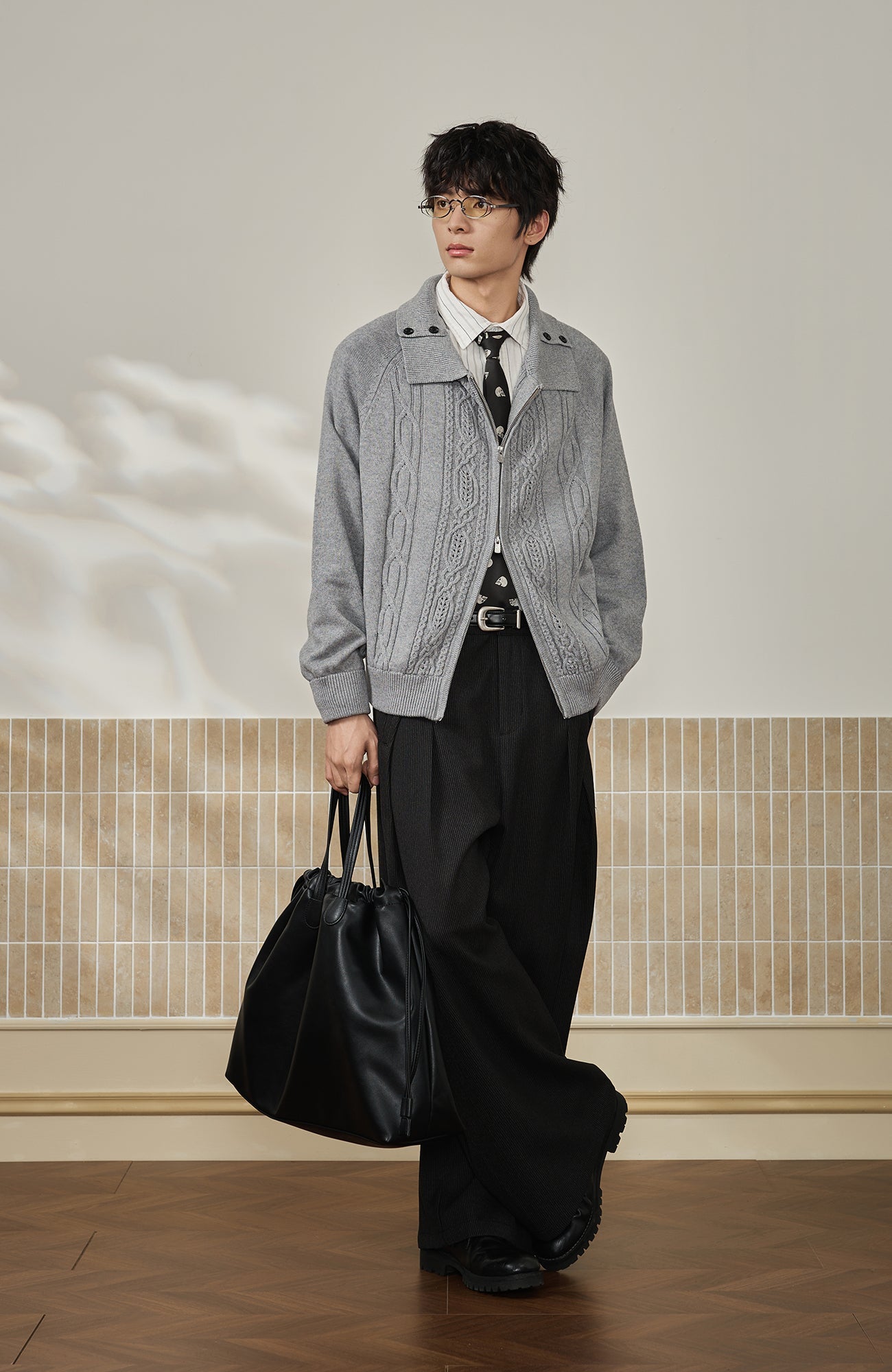 MOITIEDEPETALE Modern Cable-Knit Zip-Up Cardigan