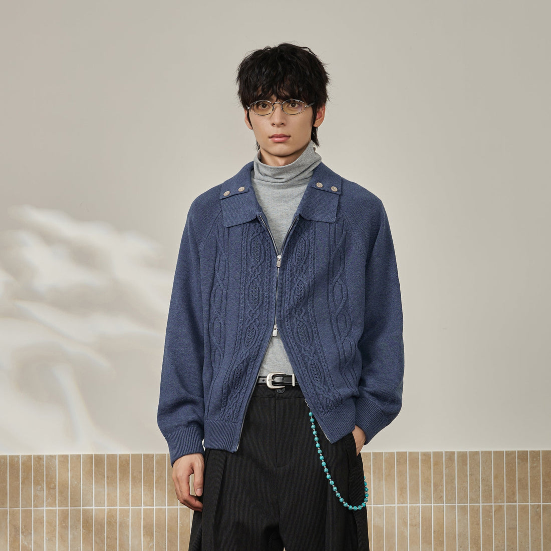 MOITIEDEPETALE Modern Cable-Knit Zip-Up Cardigan